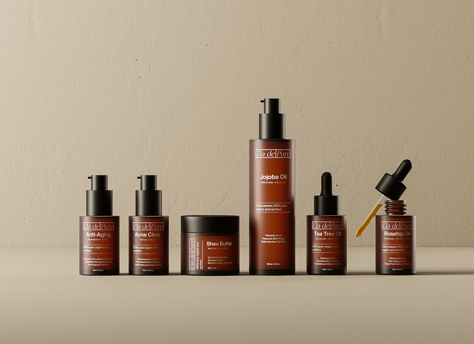 A row of amber skincare bottles and jars on a neutral background