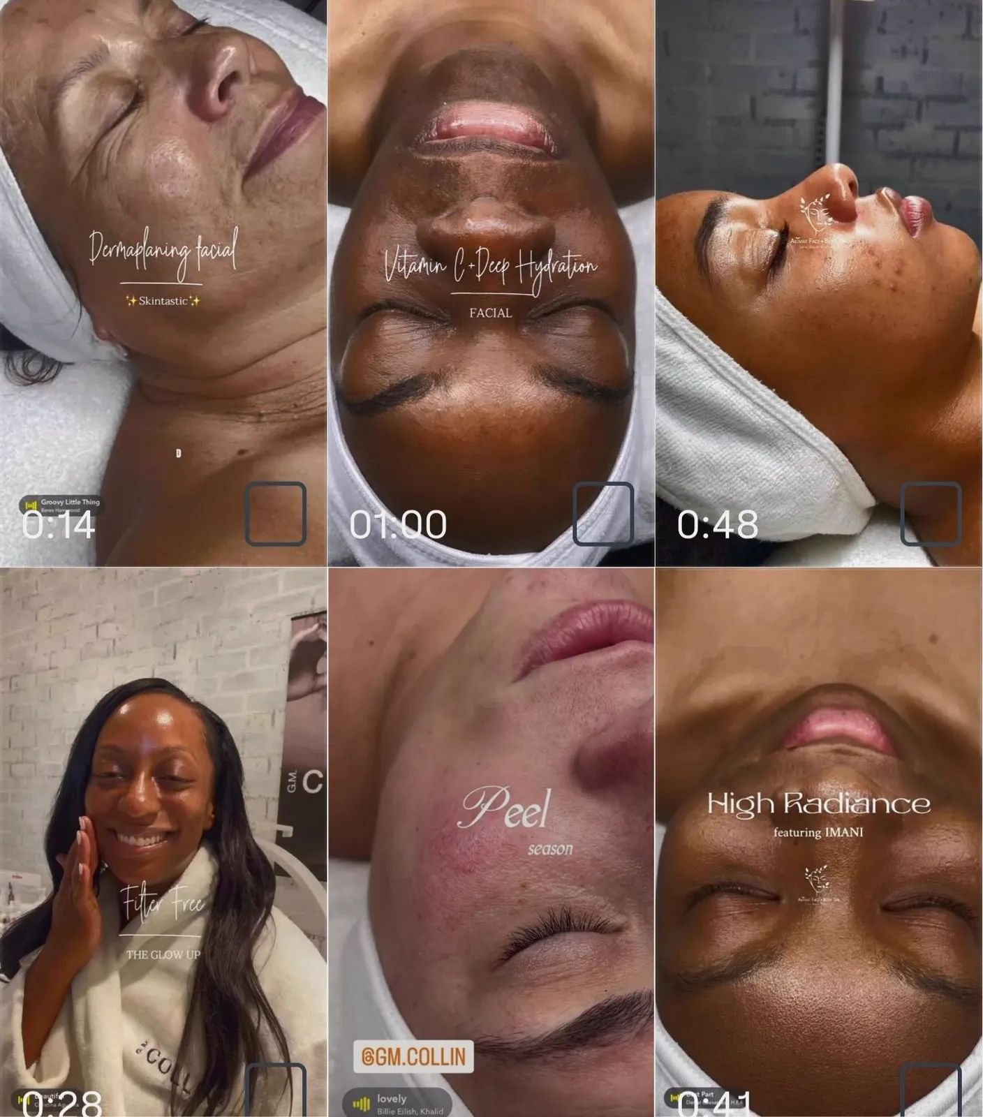 Collage of stills from an Akimat Wellness facial treatment reel