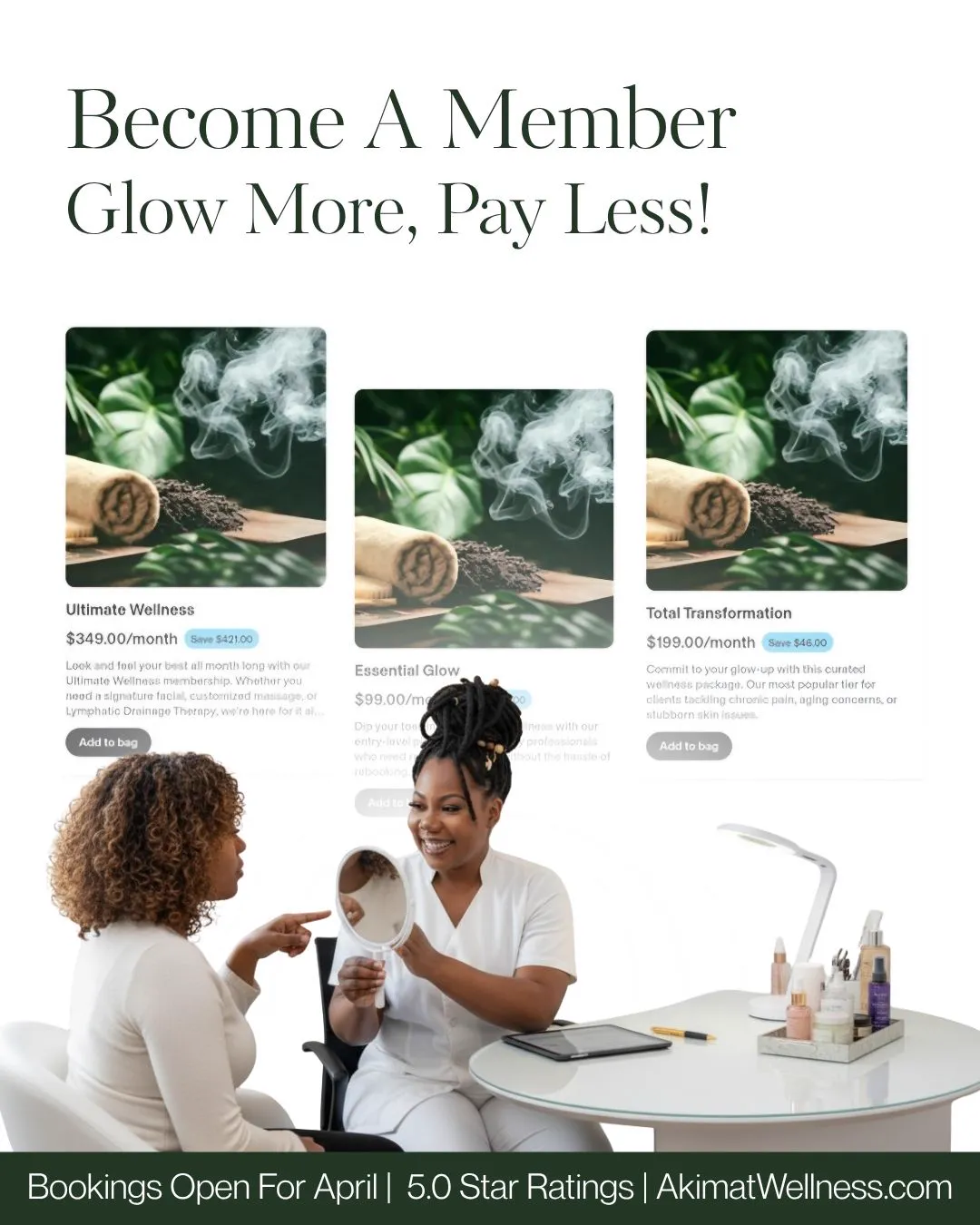 An Instagram post reading Become a member, glow more, pay less, with membership cards and a facial treatment photo.