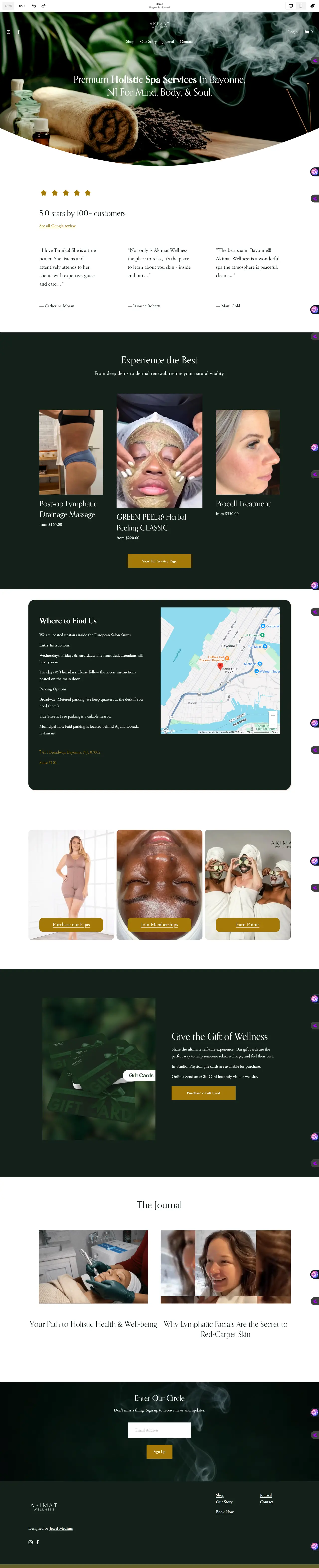 Full-length homepage for Akimat Wellness, a holistic spa in Bayonne, NJ, with a dark green spa hero image, five-star testimonials, featured treatments, a location map, gift card section and journal posts.