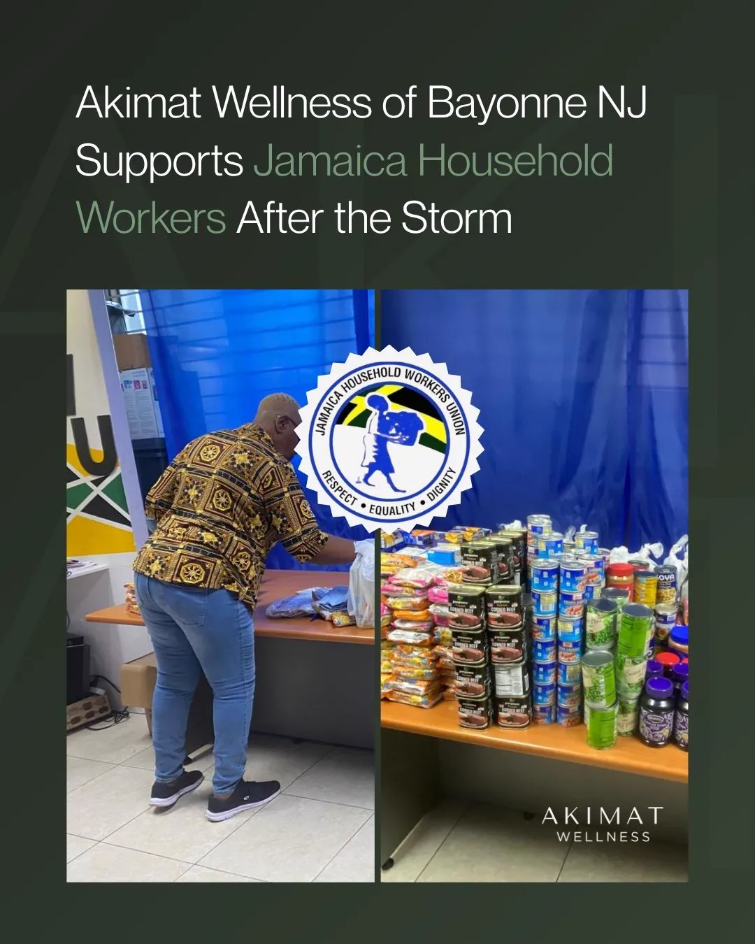 An Akimat Wellness post about supporting Jamaica household workers after the storm, showing donated supplies.