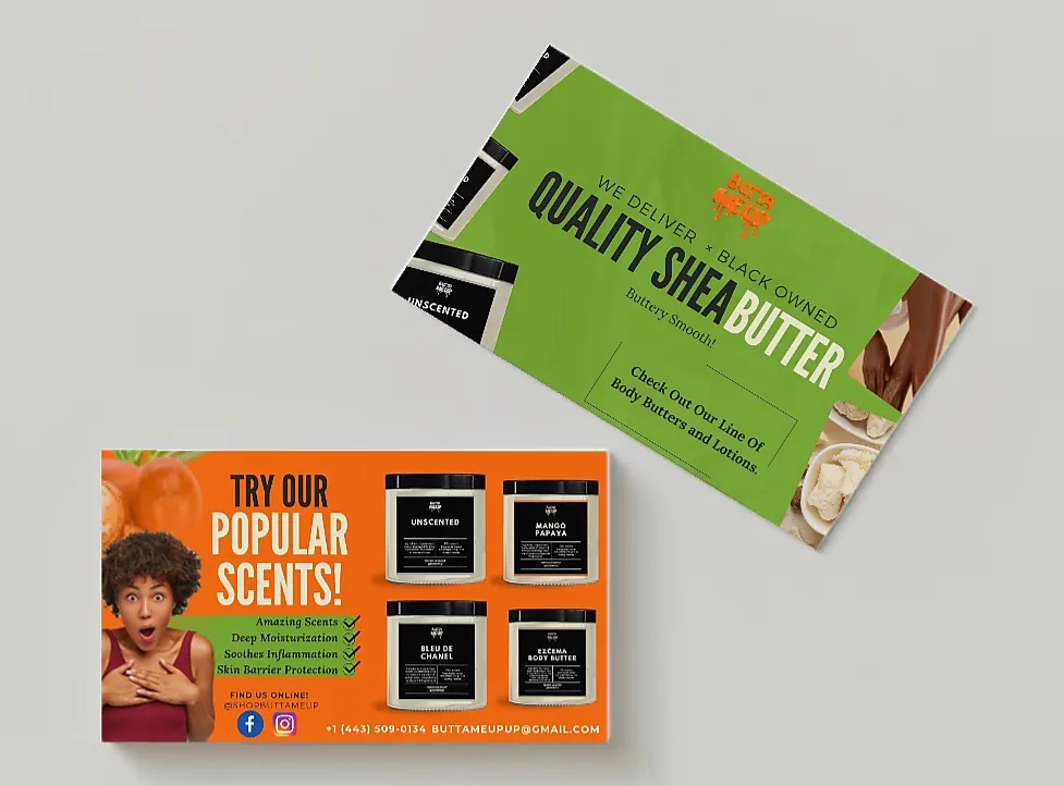 Two promotional cards for a shea butter brand, a green Quality Shea Butter card and an orange Try Our Popular Scents card showing product jars.