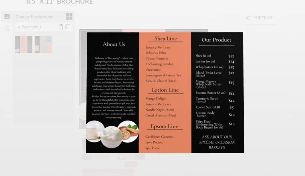 A Buttameup trifold brochure turning in 3D to show the About Us page, shea and lotion lines and product prices.