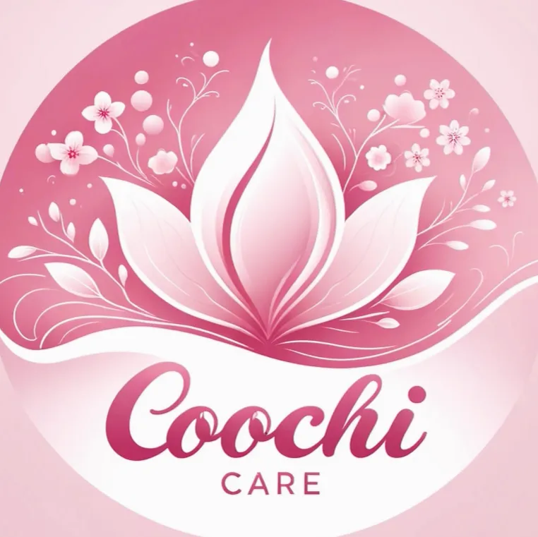 A pink circular Coochi Care logo with a soft white lotus and cherry blossoms above script lettering.