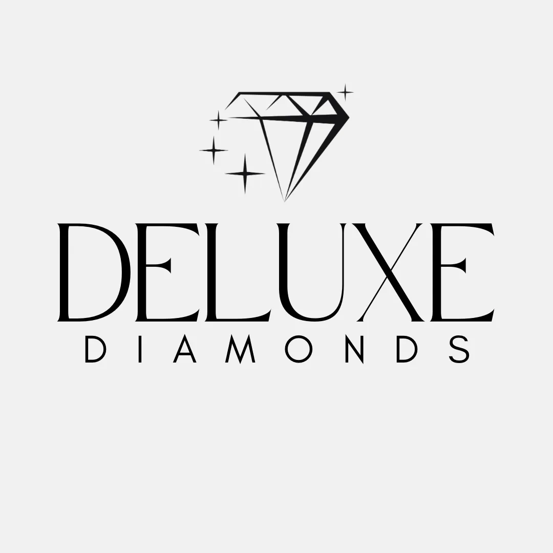 The Deluxe Diamonds wordmark in thin black lettering beneath a line-drawn diamond with sparkles, on light grey.