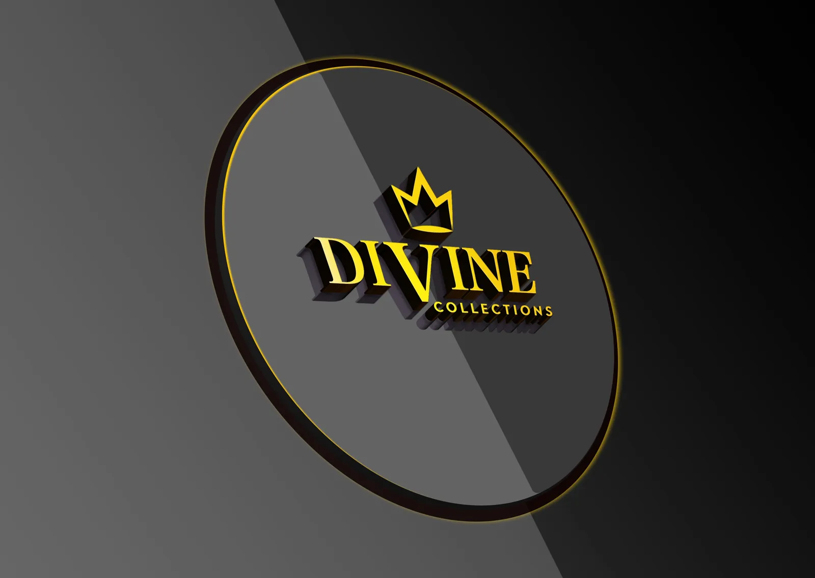 The Divine Collections logo rendered as a dimensional gold sign inside a gold ring on a dark grey wall.
