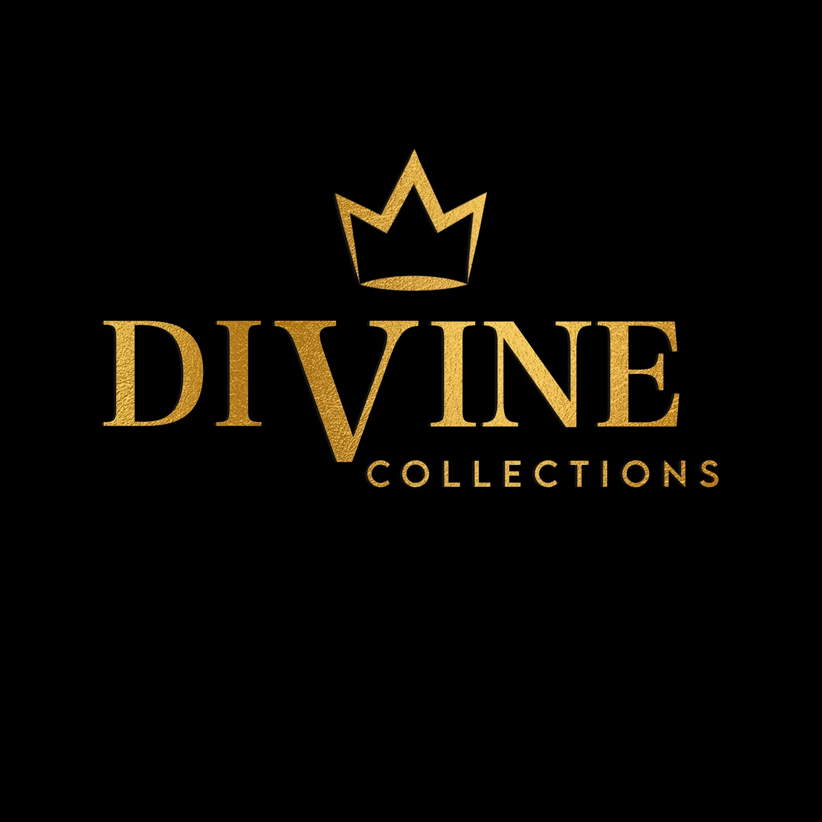 The Divine Collections wordmark in gold serif lettering with a crown over the V, on a black background.