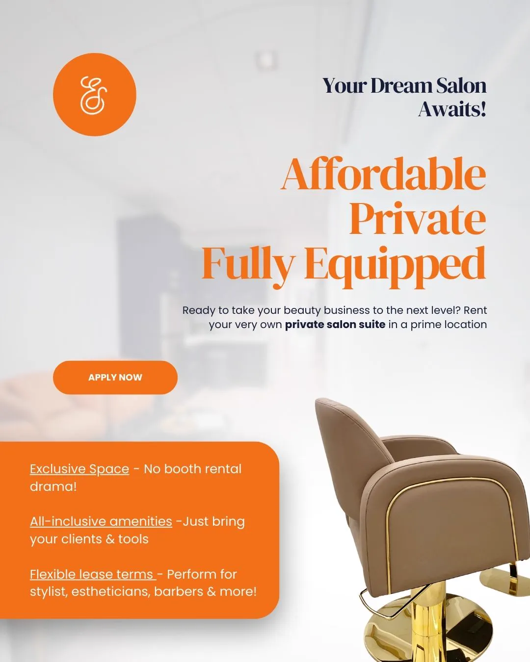 A light orange-accented post reading Your Dream Salon Awaits, Affordable, Private, Fully Equipped, with a gold salon chair and an Apply Now button.