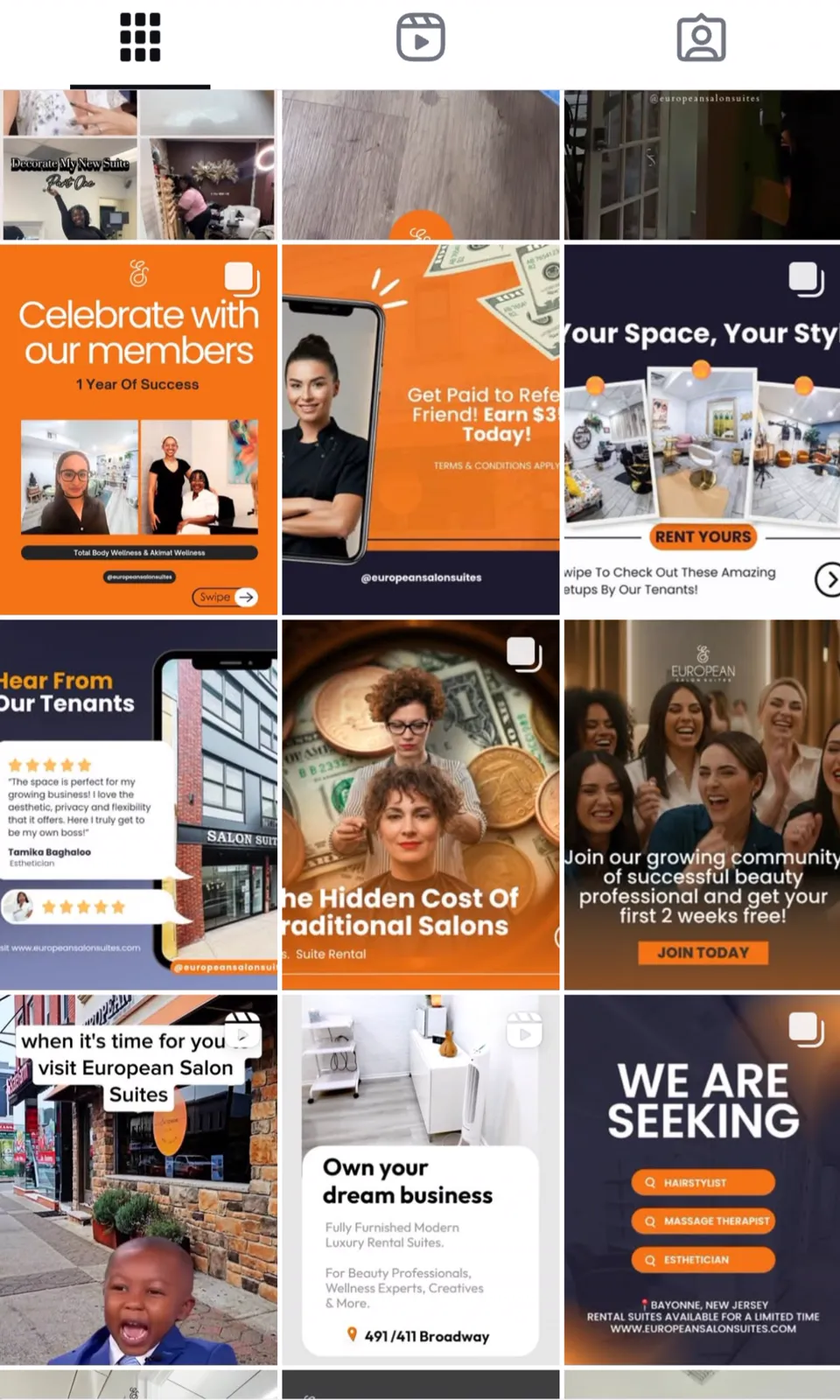 An Instagram grid of orange and navy posts for European Salon Suites, including member celebrations, referral offers, tenant testimonials and a hiring post.