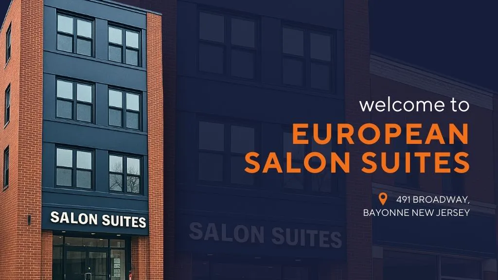 A navy banner reading welcome to European Salon Suites, 491 Broadway, Bayonne New Jersey, beside a photo of the brick and navy salon suites building.