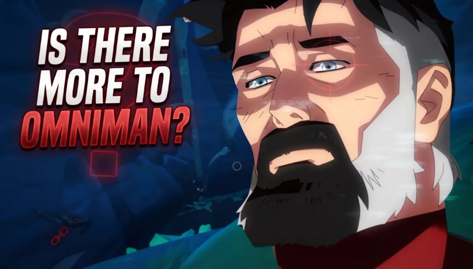 A bearded animated superhero with a red target over one eye beside bold text asking Is there more to Omniman.