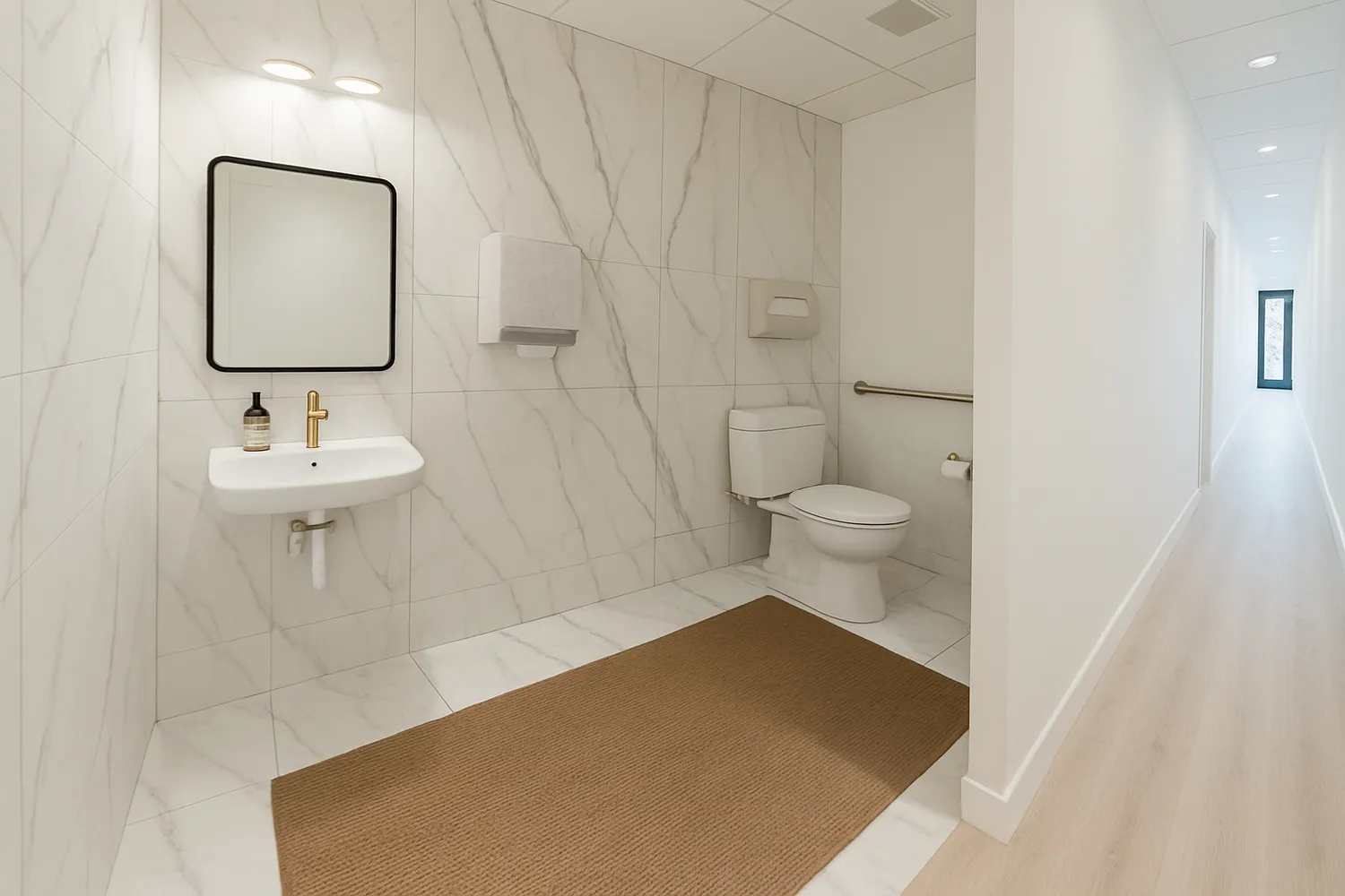 A bright restroom with marble-look walls, a black-framed mirror, brass faucet and grab bar next to a light hallway.