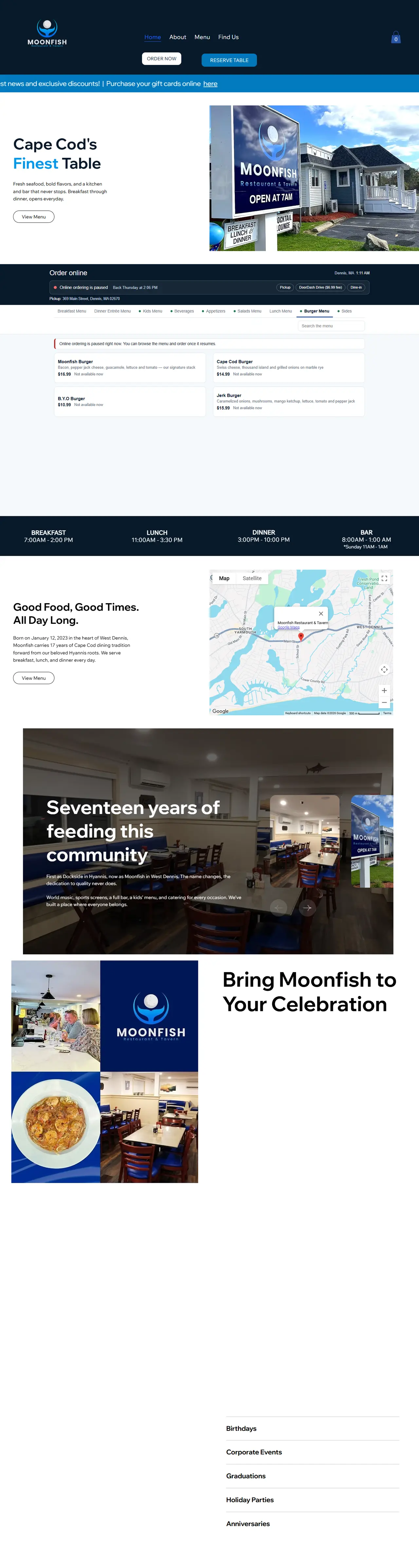The Moonfish Restaurant and Tavern homepage designed by Kindah Studios
