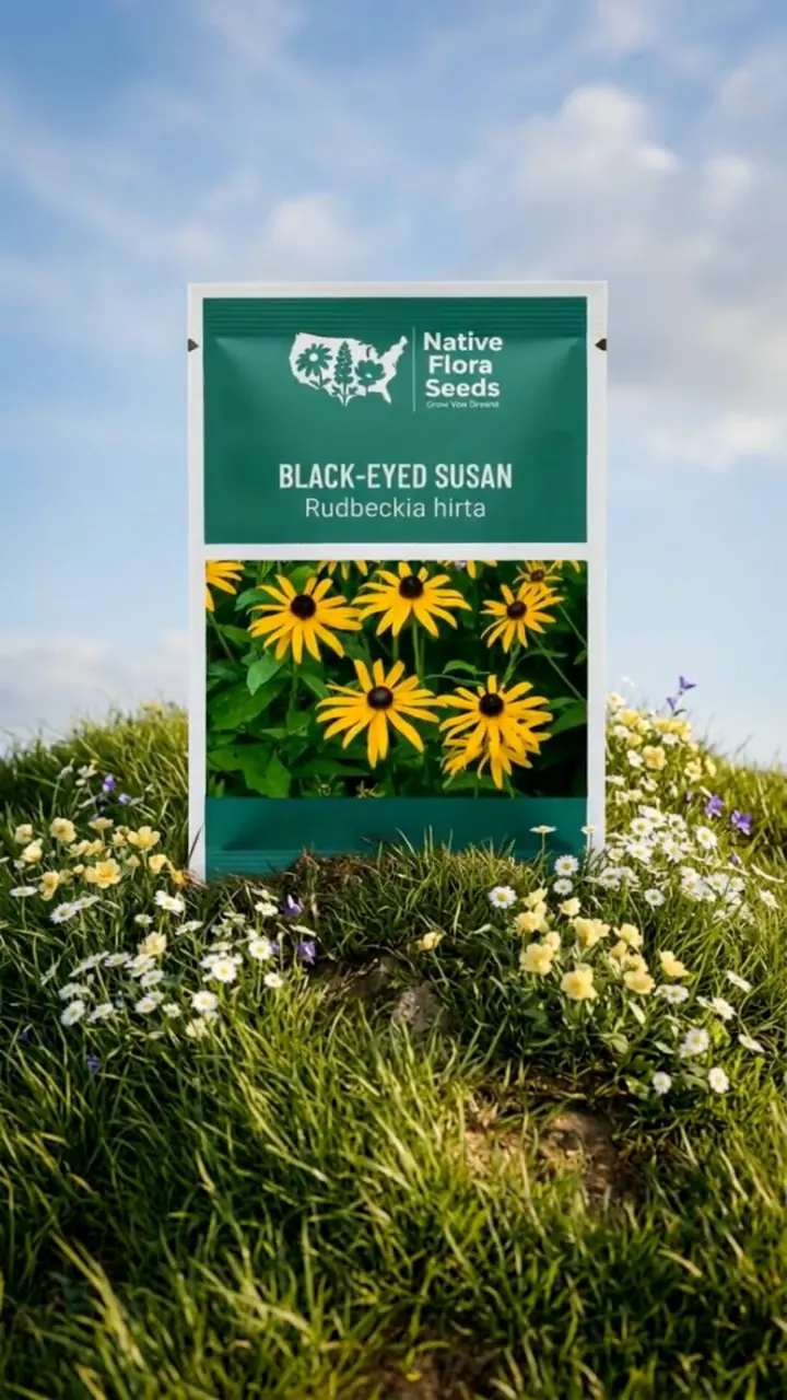 AI-generated product reveal where a Native Flora Seeds Black-Eyed Susan seed packet rises out of a grassy wildflower hill under a blue sky.