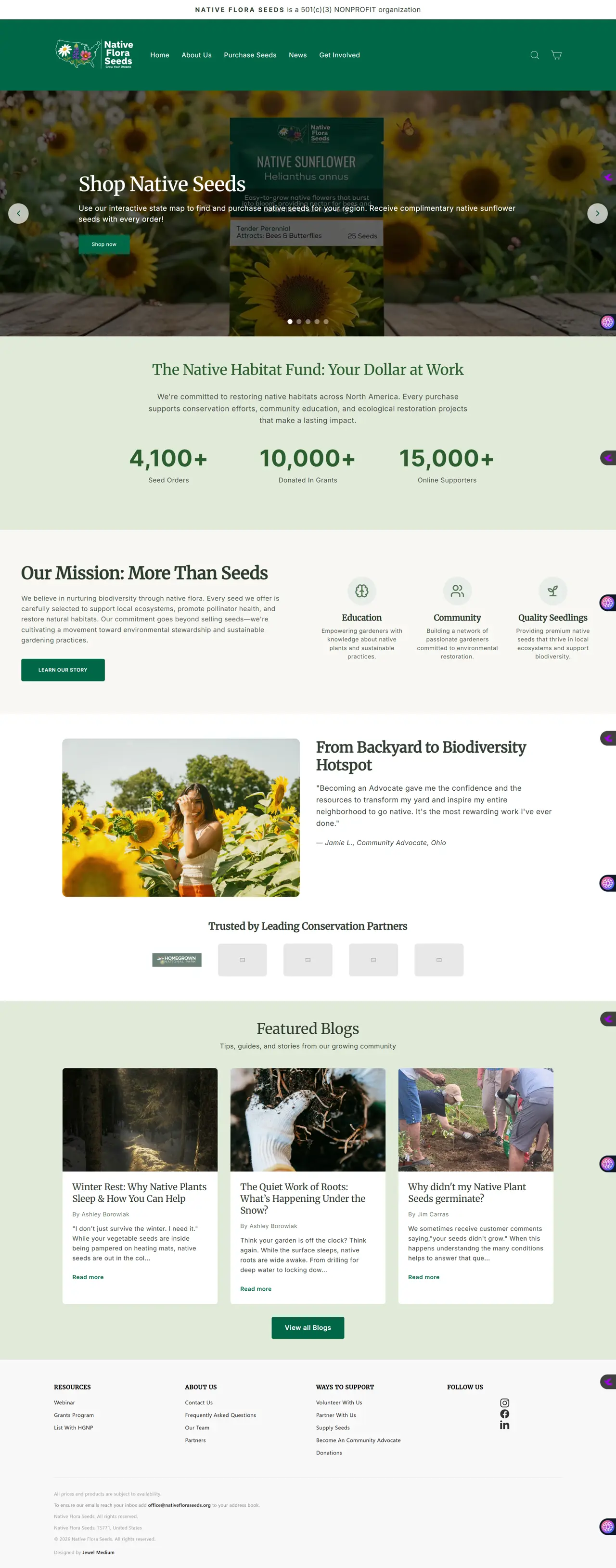Full-length Native Flora Seeds homepage with a green header, sunflower 'Shop Native Seeds' hero, Native Habitat Fund impact counters, mission section, advocate story, conservation partners and featured blog cards.