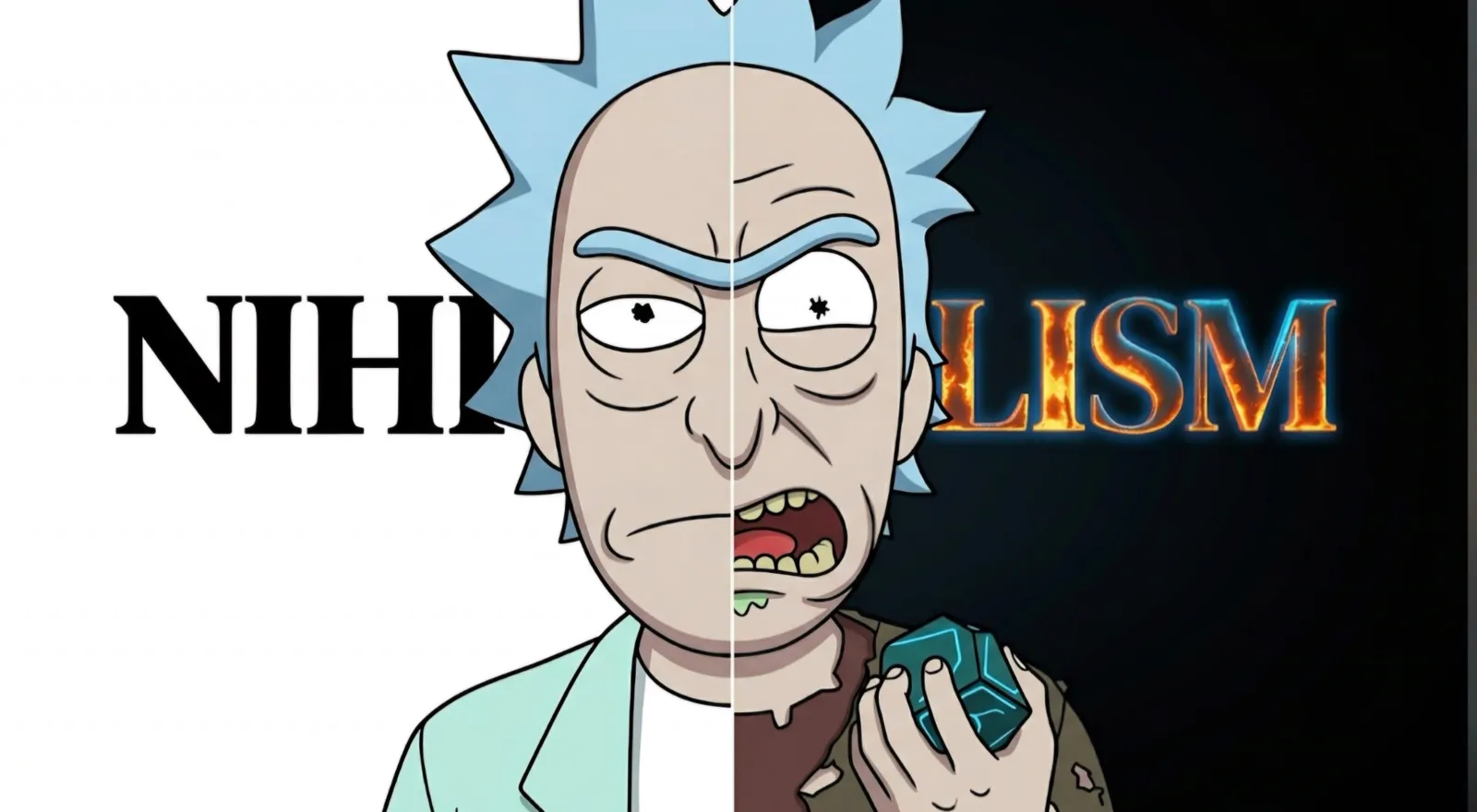 A split-face cartoon scientist, calm on a white side and angry on a dark side, with the word Nihilism in black and fiery lettering.