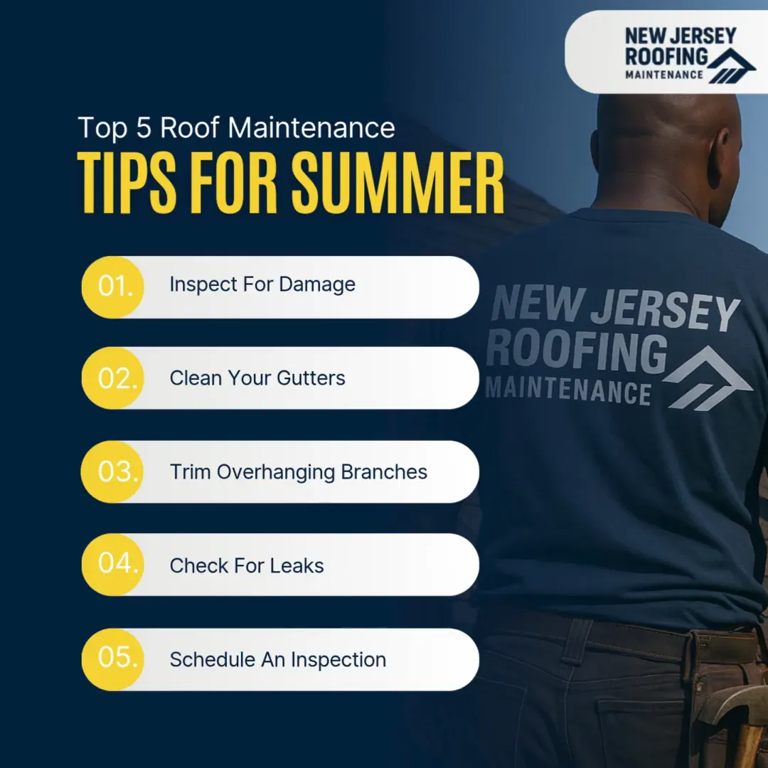 An animated square social video for New Jersey Roofing Maintenance cycling through roofing tips and a leaky roof before-and-after scene with a Give Us A Call banner.