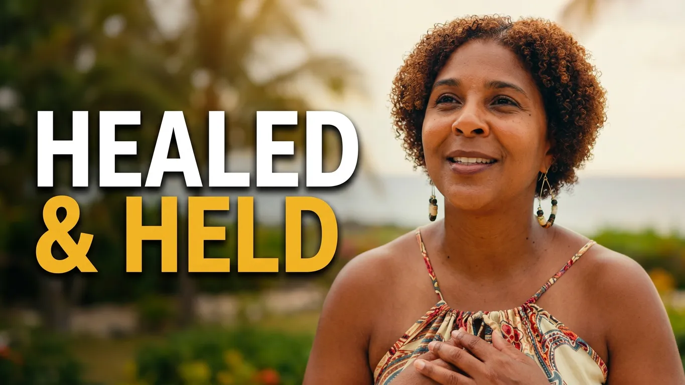 A smiling woman in a tropical setting beside the words Healed and Held.