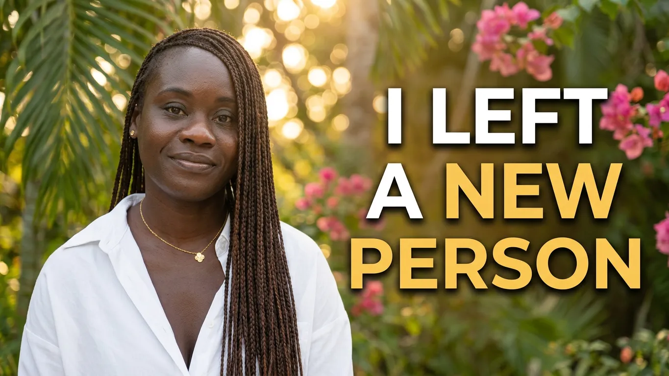 A woman in a white shirt among tropical flowers beside the words I left a new person.