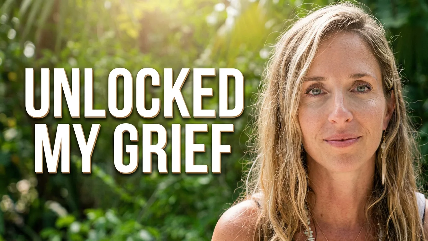 A woman with long hair in a garden beside the words Unlocked my grief.