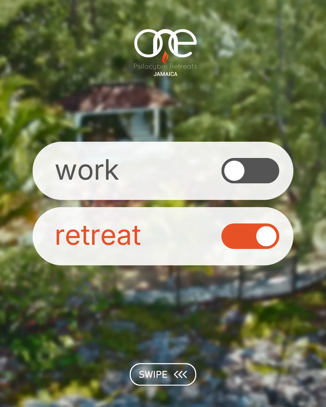 Two toggle switches labeled work and retreat, with retreat switched on, over a blurred tropical background.