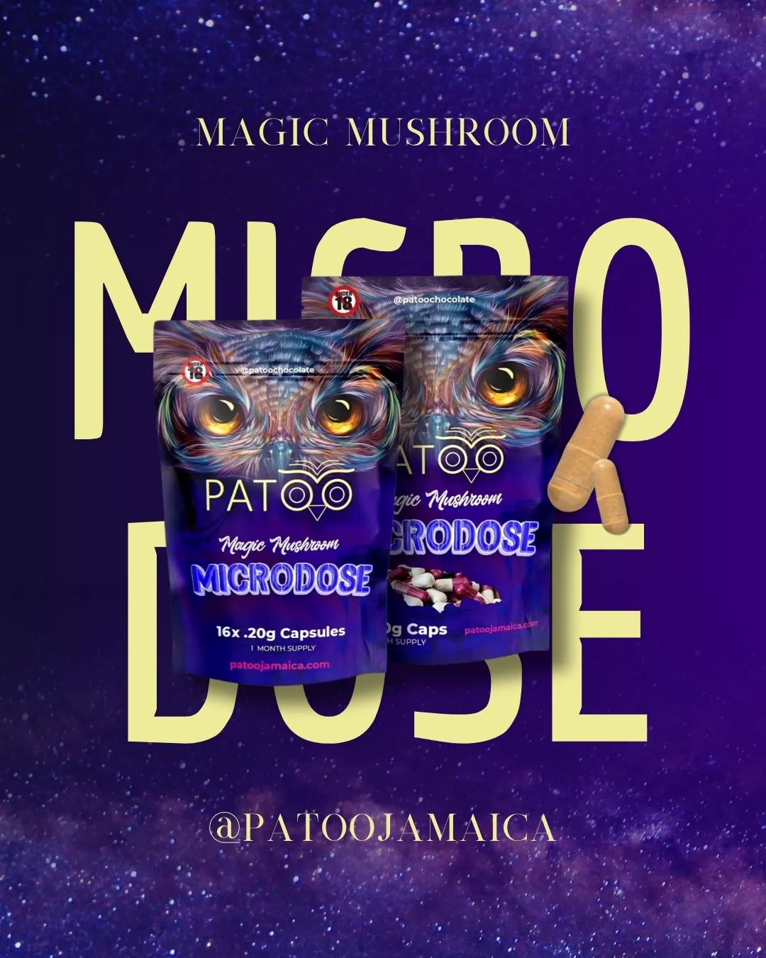 Patoo Microdose packaging over large Micro Dose lettering on a starry purple background.