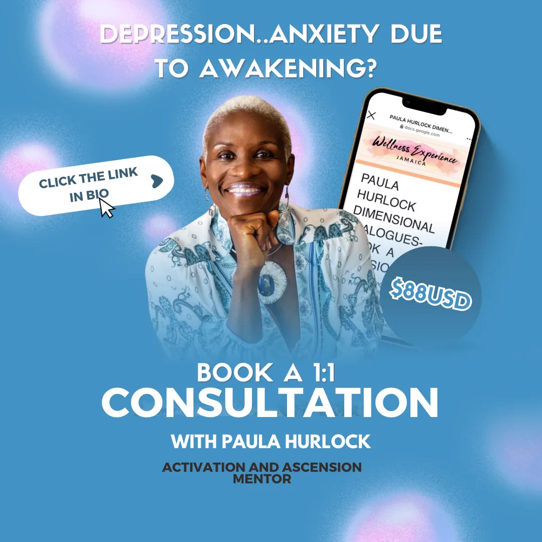 A blue post promoting a 1:1 consultation with Paula Hurlock, Activation and Ascension Mentor, with her portrait, a phone mockup and an 88 USD price tag.
