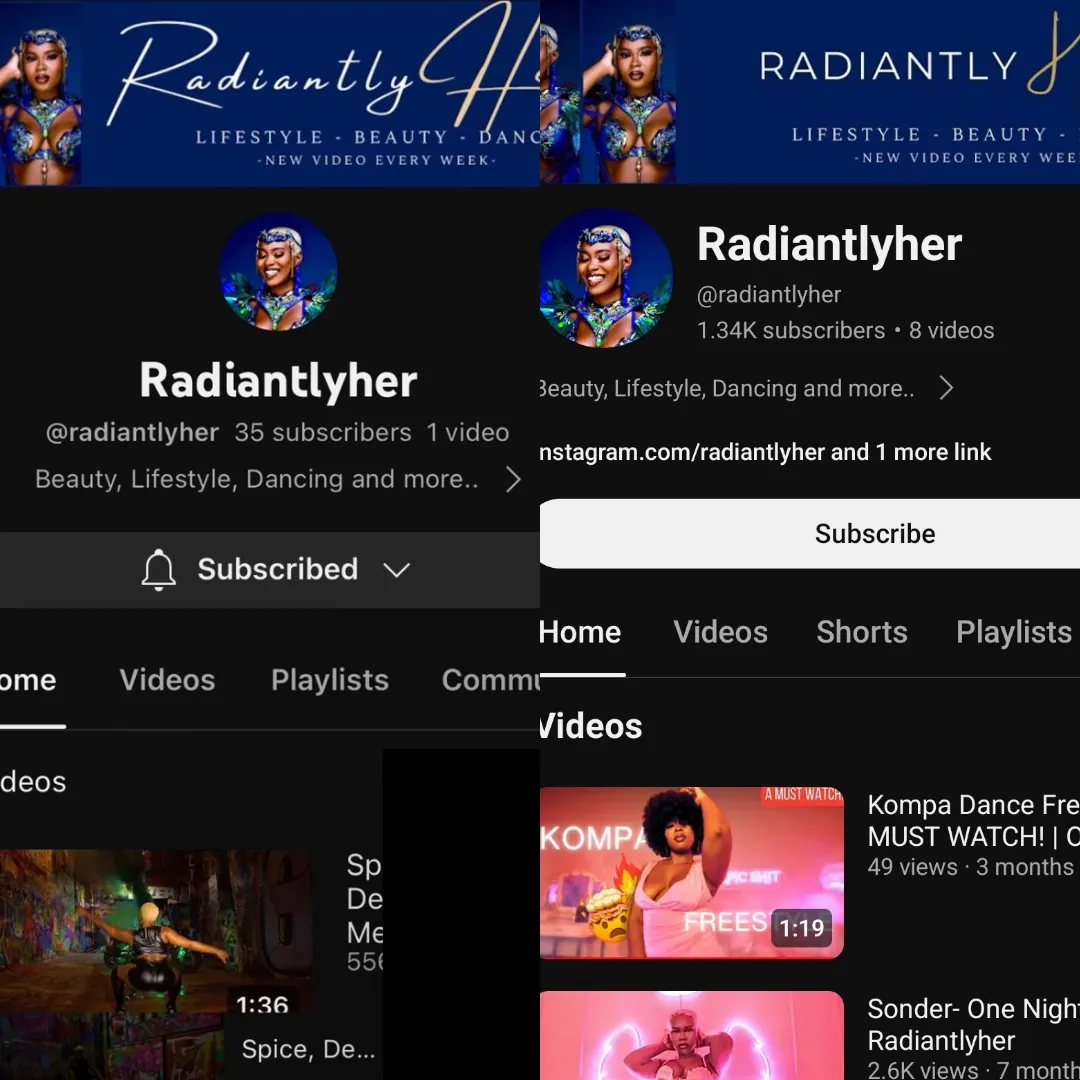 Side-by-side YouTube channel screenshots for Radiantlyher, a lifestyle, beauty and dance creator, comparing an early channel with a grown one.