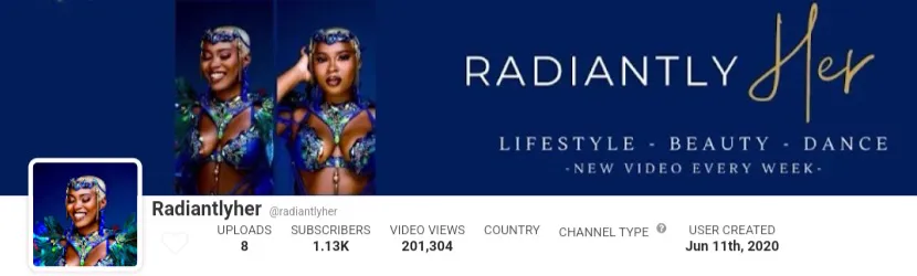 Third-party channel stats banner for Radiantlyher on YouTube showing uploads, subscribers and total video views beneath the lifestyle, beauty and dance channel art.