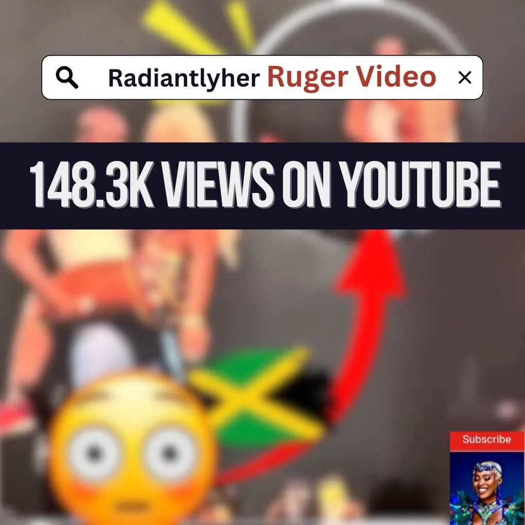 Promotional graphic for the Radiantlyher Ruger video on YouTube, with a blurred performance still and a banner announcing the view count.