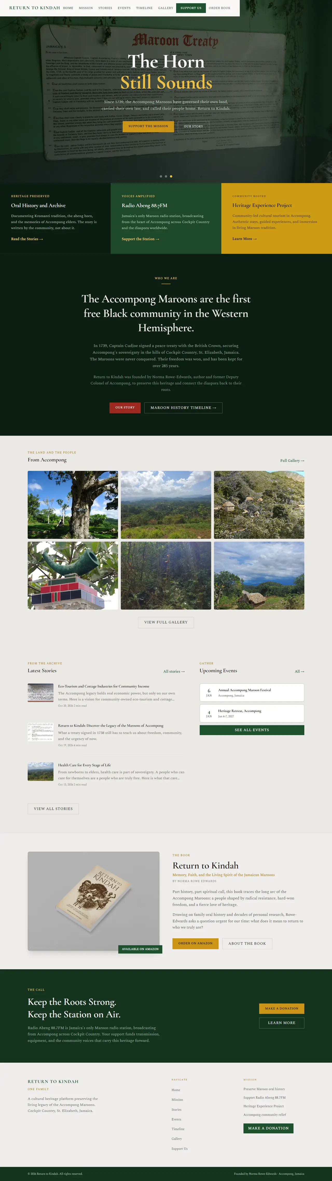 The full Return to Kindah homepage with The Horn Still Sounds hero, Accompong Maroon history, a photo gallery, stories, events and the book.