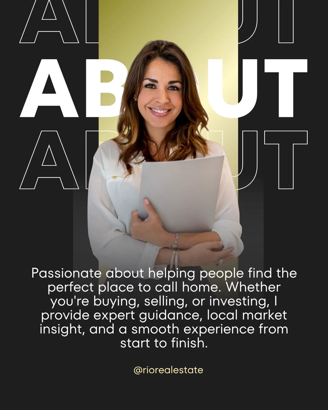A black post with large outlined ABOUT lettering behind a smiling agent holding a folder, and a short bio about helping clients find a home.