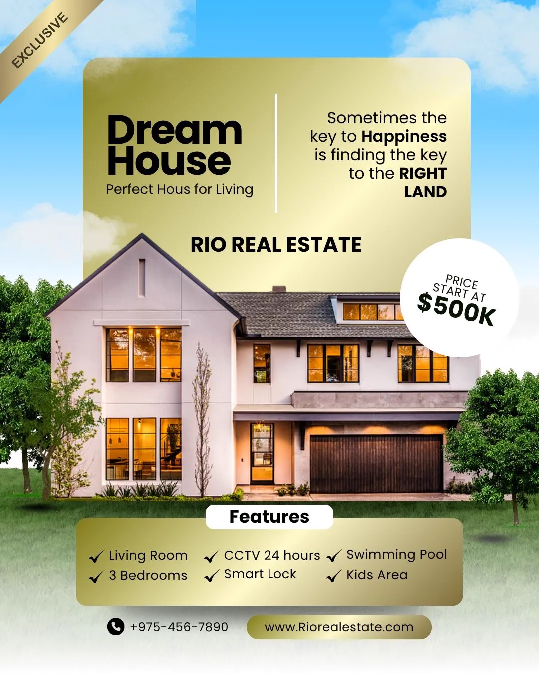 A sky-blue listing post with a gold panel reading Dream House, a modern farmhouse, a 500K price badge and a features list.