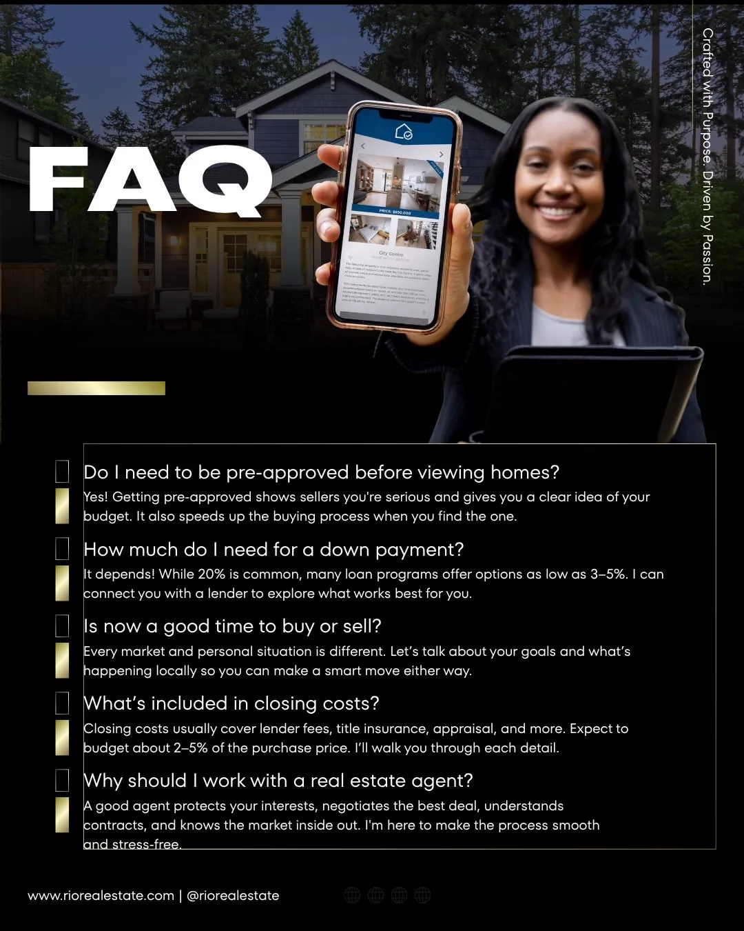 A dark post titled FAQ with an agent holding up a phone and five common home buying questions with short answers.