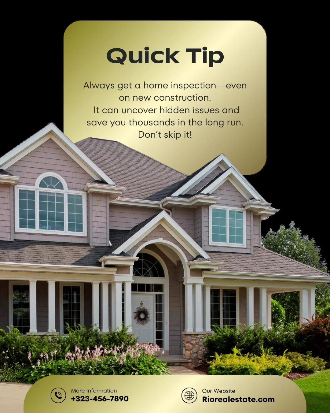A post with a gold Quick Tip card advising a home inspection on new construction, above a two-storey suburban house.