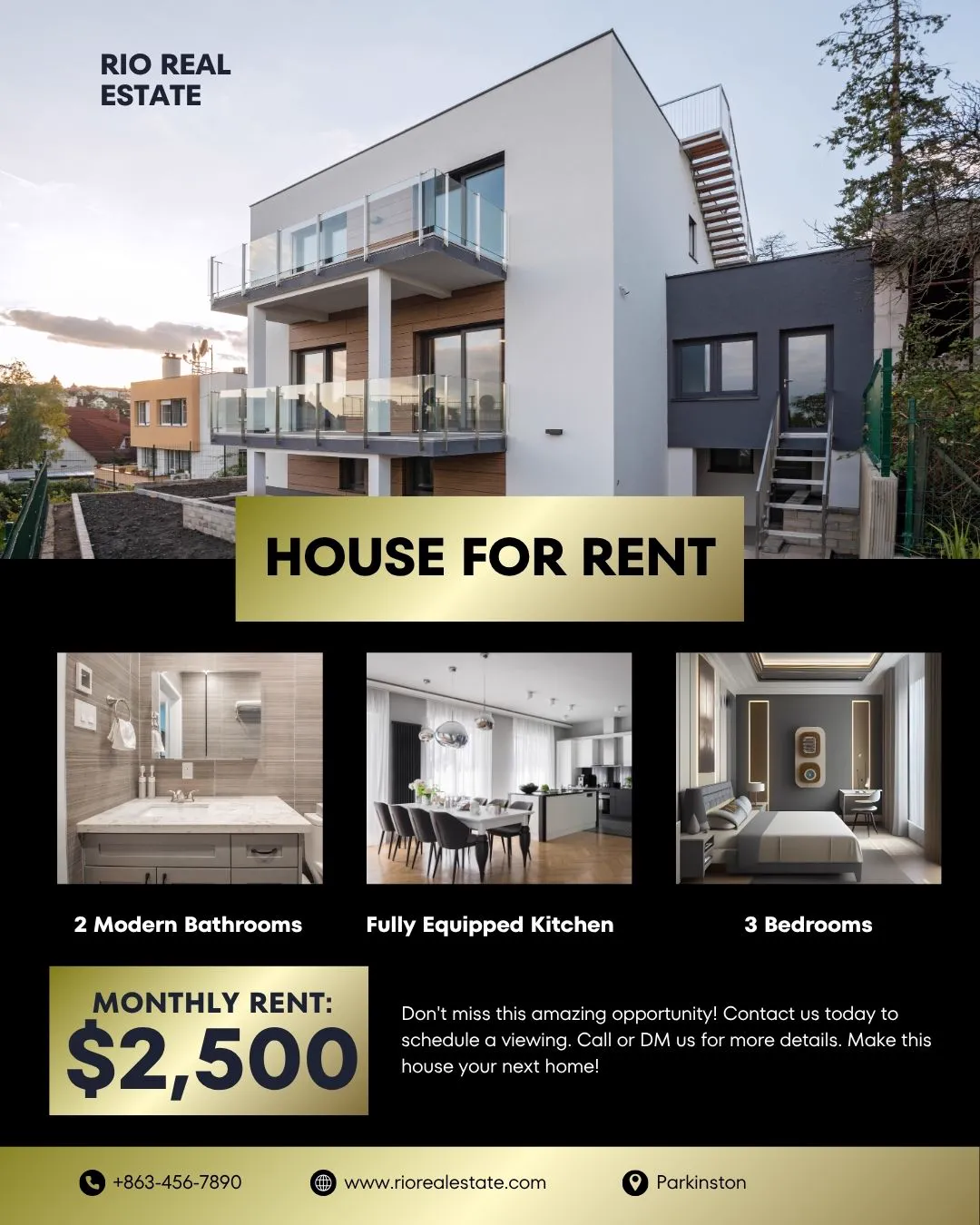 A black and gold rental listing post with a modern white home, three interior photos and a monthly rent of 2,500 dollars.
