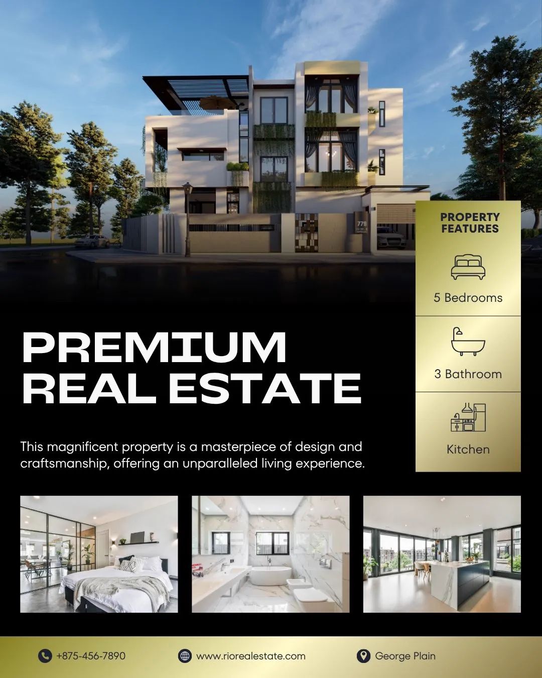 A black and gold post titled Premium Real Estate showing a modern multi-storey home, interior photos and property features.