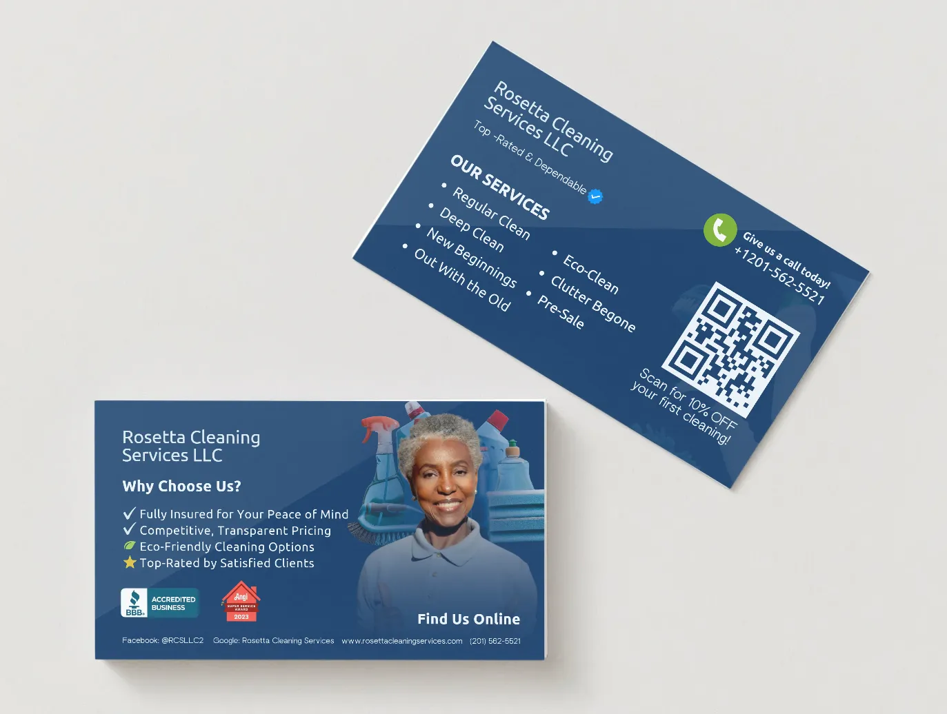 Two navy Rosetta Cleaning Services business cards listing Why Choose Us points, services, a QR code for 10 percent off and a smiling client photo.