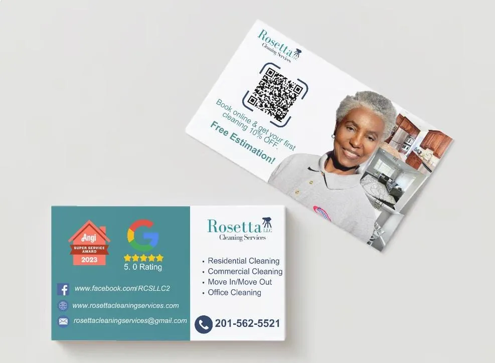 Two Rosetta Cleaning Services business cards, one with a QR code and a smiling client photo and one listing services, ratings and contact links.