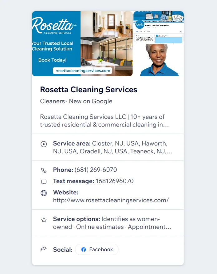 Rosetta Cleaning Services Google Business Profile listing