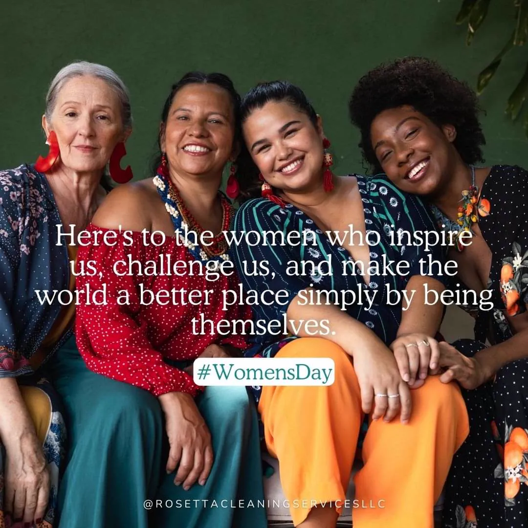 Four smiling women of different ages seated together, overlaid with a Women's Day quote and the @rosettacleaningservicesllc handle.