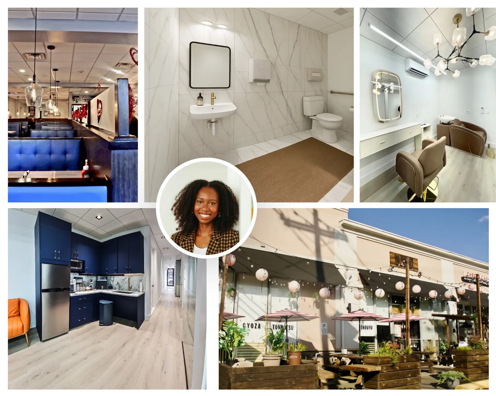 A photo collage of salon suite interiors, a kitchenette and a storefront patio, with a circular headshot of a smiling woman at the center.