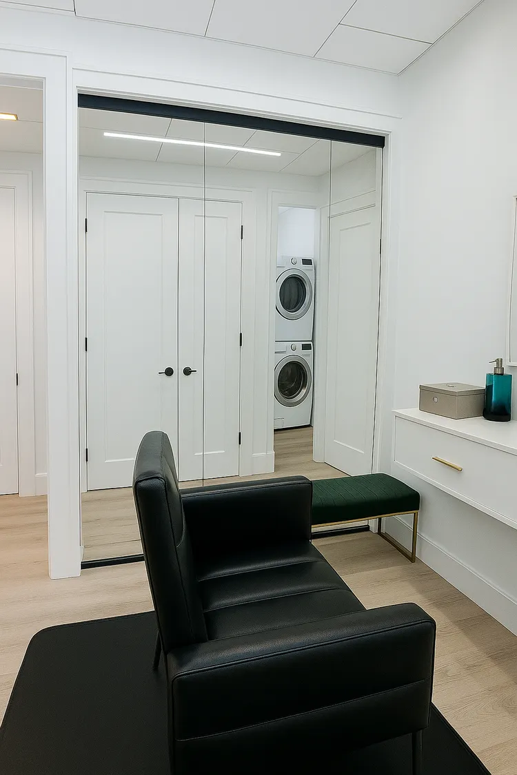 A white salon suite with a black styling chair, vanity bench and an open closet holding a stacked washer and dryer.