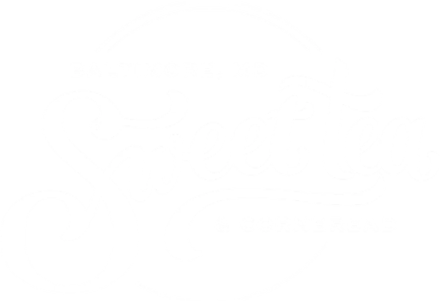 The Sweet Tea & Cornbread logo in white flowing script with Baltimore, MD arched above, shown on black.