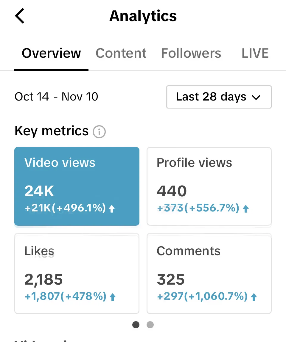 TikTok analytics overview for a 28-day period showing growth in video views, profile views, likes and comments.