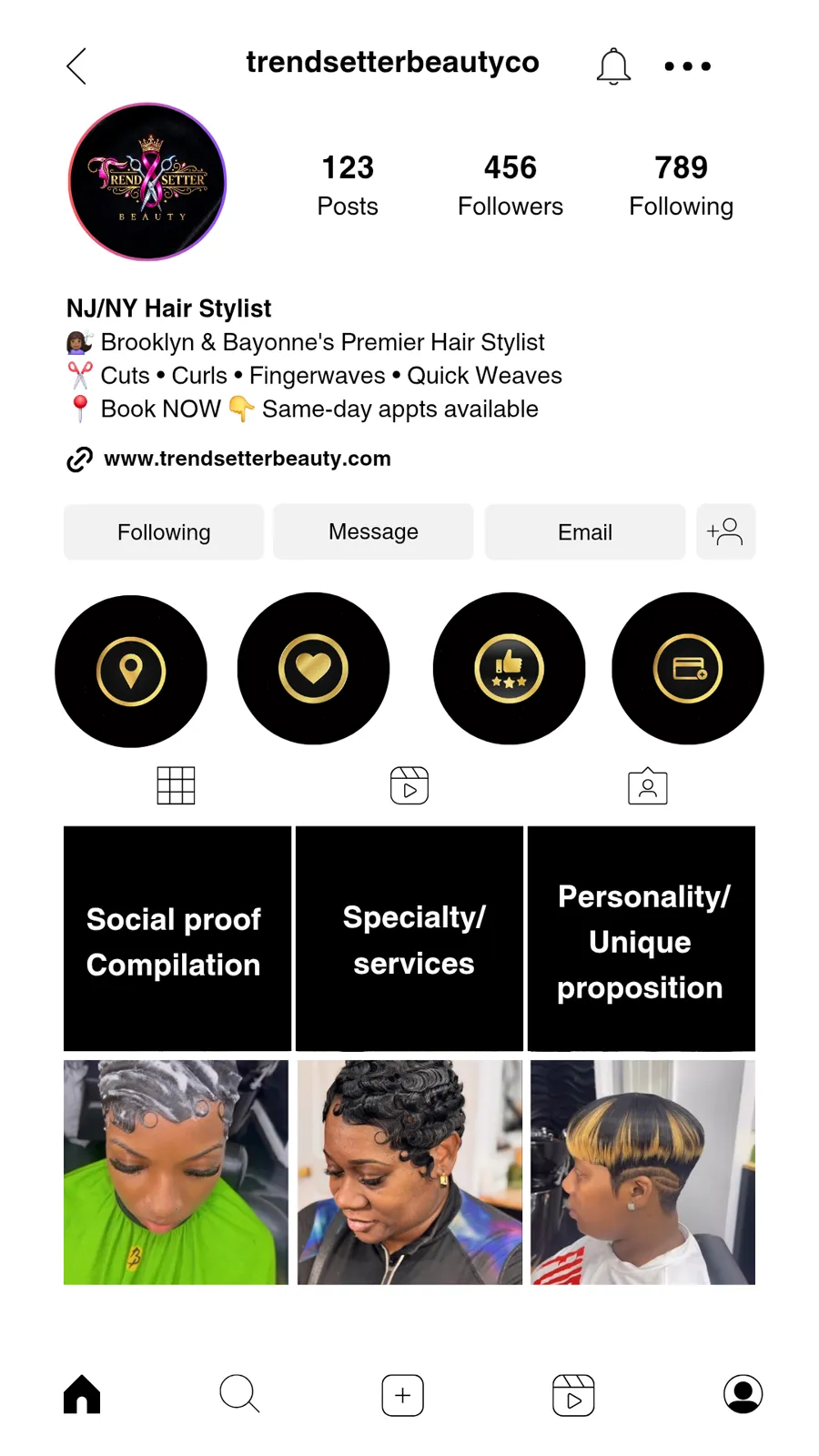 A phone-screen mockup of the @trendsetterbeautyco Instagram profile with gold story highlight icons and a planned grid of social proof, services and personality posts.