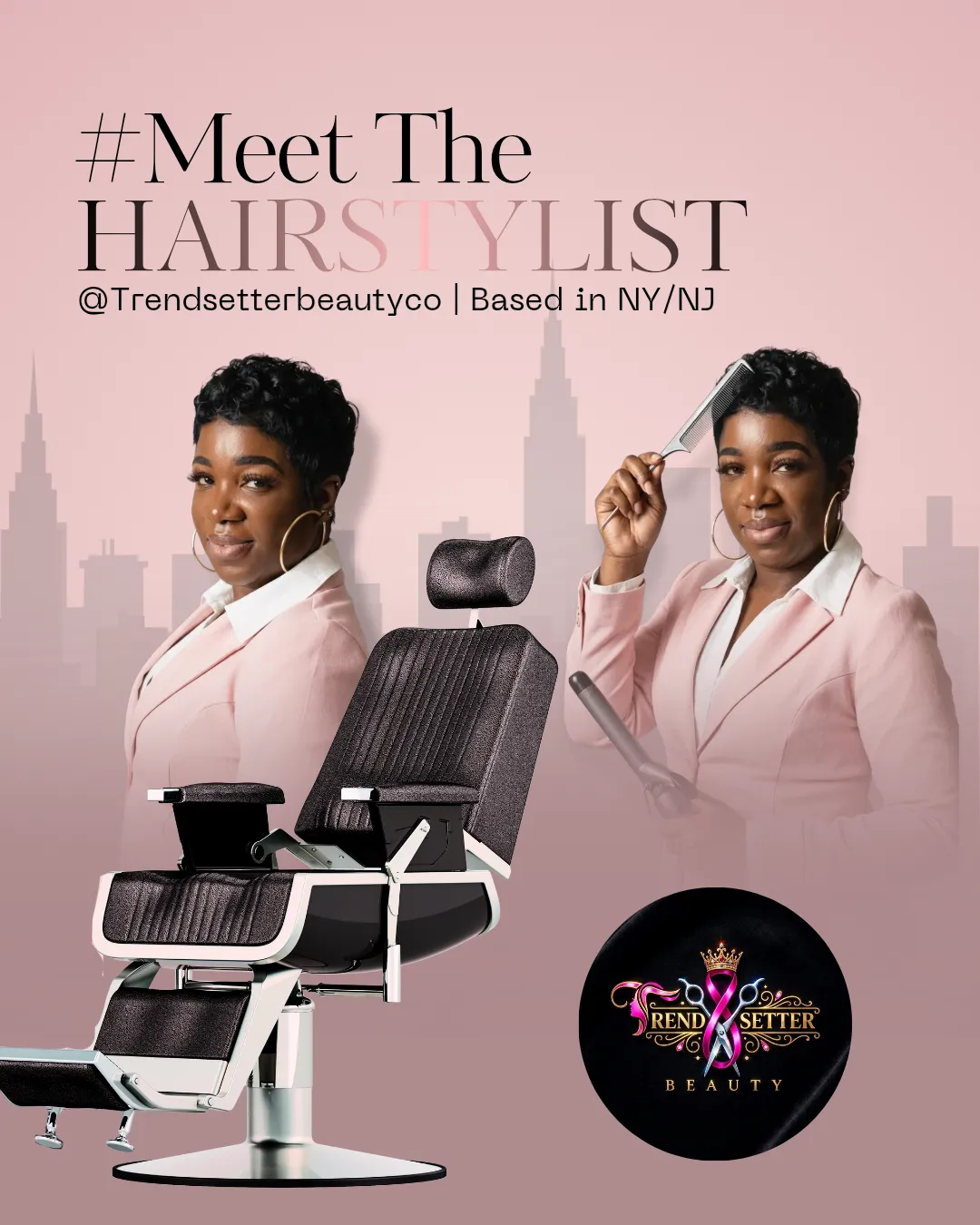 A pink Instagram post titled Meet The Hairstylist showing a stylist in a pink suit posed twice beside a salon chair, with the Trendsetter Beauty logo and a city skyline.